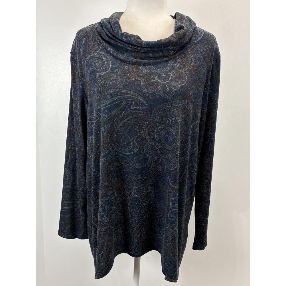 Chicos Paisley Cowl Neck Shirt Sz 3 US X-Large Blue Brown